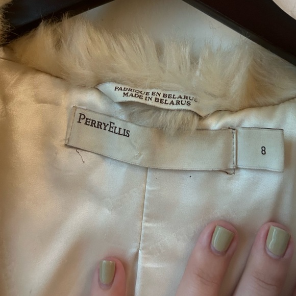 vintage perry ellis tan gray full length wool blend coat fur hood collar - Picture 7 of 13